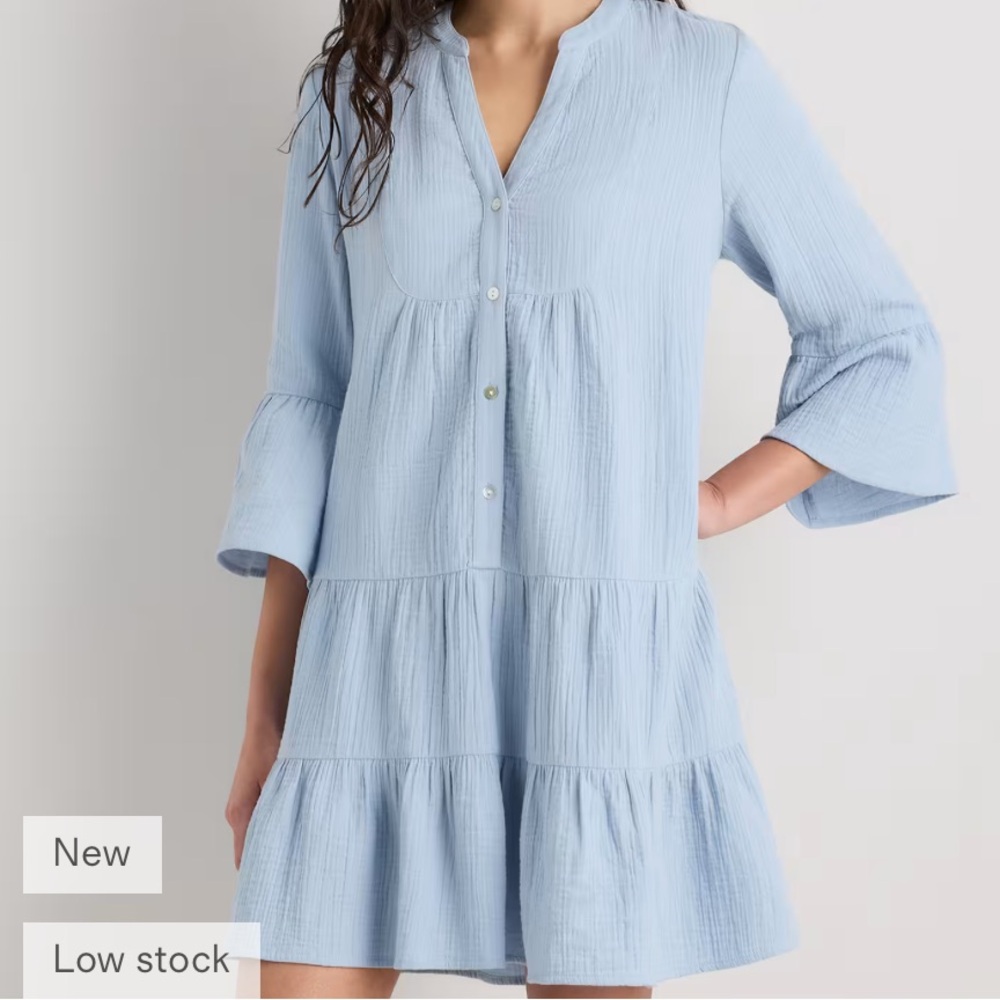 Quince Light Blue Tiered Cotton Gauze Midi Dress
